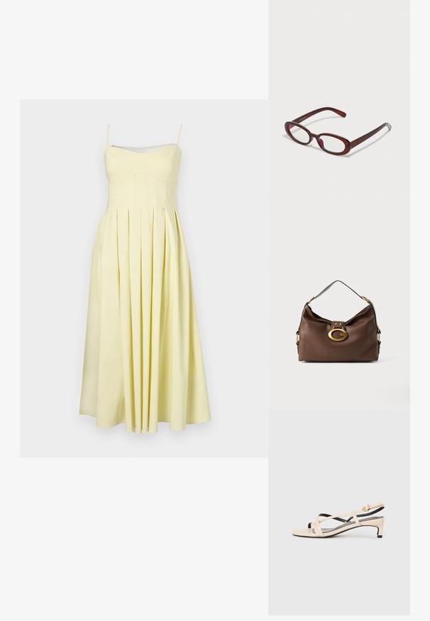 Sárga redőzött ruha állítható spagetti pántokkal és testhez simuló felső résszel, sima textúrával és középkalapig érő, lebegő szoknyával.; Beige bőr női szandál, keresztpántos kialakítással, alacsony sarokkal és fekete kiegészítőkkel. Simogató tapintás és minimál stílus.; Ovális alakú piros napszemüveg átlátszó lencsékkel és karcsú barna kerettel. A dizájn diszkrét íveket és minimális szerelvényeket mutat.; Barna bőr kézitáska texturált felülettel, aranyszínű fémcsattal és egyetlen, ívelt vállpánttal.