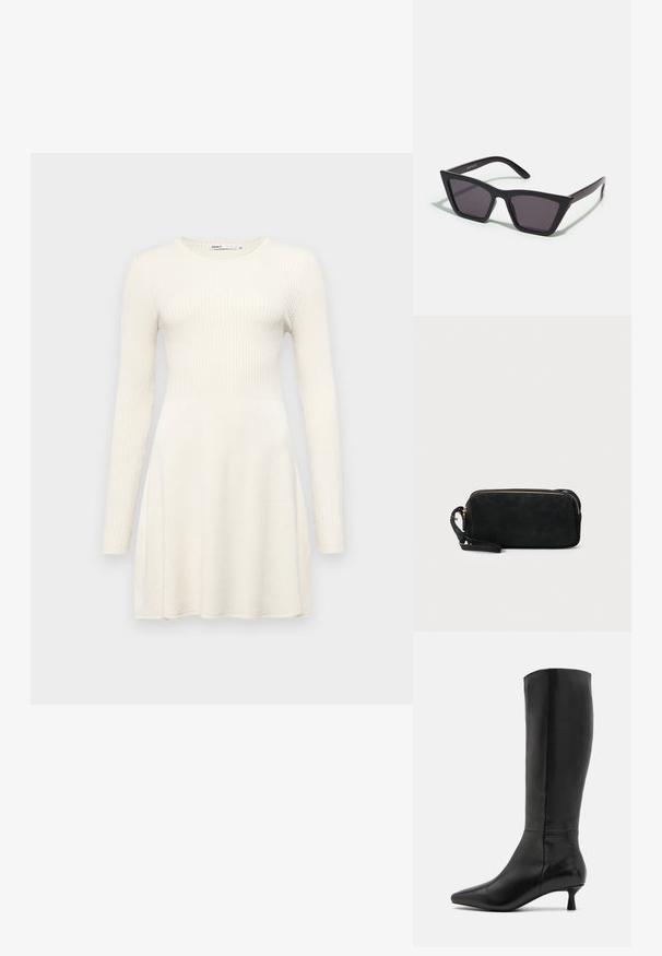 Dugulja s dugim rukavima od svijetlosmeđeg rebrastog materijala. Uska tijela s raširenom suknjom. Okrugli izrez i jednostavan dizajn. Glatka tekstura.; Zign Čizme - black; Crne, uglaste sunčane naočale sa sivoj lećama; izrađene od plastike, imaju debele nogice s glatkom površinom i bez vidljivih metalnih dijelova.; Crna suđena torbica s patentnim zatvaračem i odvojivim ručnim remenom. Ima zlatne metalne detalje i glatku, mat teksturu.