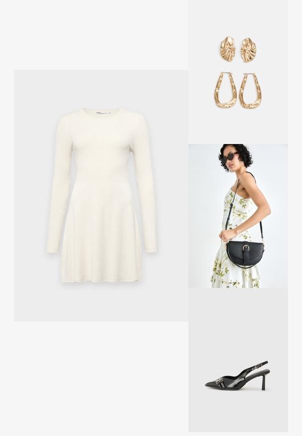 Langermet kjole i lys beige ribbet stoff. Fitted liv med utsvingt skjørt. Rund halslinning og enkel design. Glatt tekstur.; Sorte patentlær slingback-sko med spiss tå, ankelremmer med sølvspenner og detaljer, og en slank hæl.; Svart lærveske med en buet form, avtagbar stropp og gullbeslag. Vesken har et klaff med spenne-detall.; Gullfargede øredobber med teksturerte, bølgete former. Inkluderer skulpturelle klipsstuds og åpen hoop-design med en hamret finish.