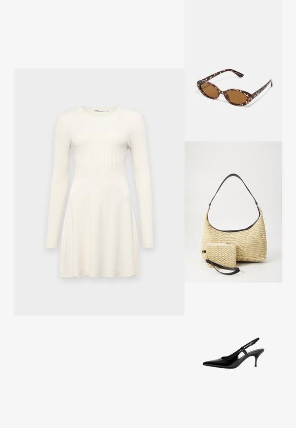 Kopna obleka z dolgimi rokavi iz svetlo bež rebraste tkanine. Prilegajoče se korzet in razširjen krilo. Okrogla izrez in preprost dizajn. Gladka tekstura.; Črne patentne usnjene slingback čevlje s koničastim nosom, odprtimi stranskimi izrezi, ozkim petam in nastavljivim gležnjava.; Želve sončne očala z ovalnimi lečami, rjave tonirane, tanke ročice z teksturiranim vzorcem, lahka plastična okvir.; Tkana torbica iz slame s zakrivljenim siluetom, ki vključuje gladek črn usnjen trak in usklajen majhen žep, pritrjen z ročajem za zapestje.