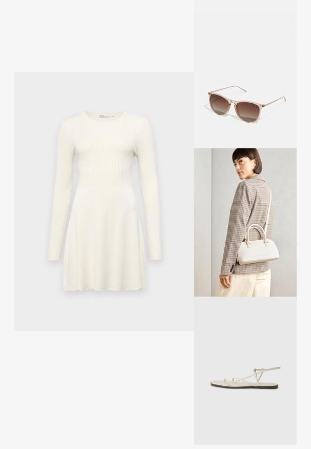 Langdurige jurk van lichtbeige geribbelde stof. Aansluitend lijfje met een wijde rok. Ronde halslijn en eenvoudig ontwerp. Zachte textuur.; Beige platte sandaal met meerdere slanke bandjes en een verstelbare gesp. De zool is plat met een lichte donkere contrastering aan de rand.; Bruine gradient zonnebril met een doorzichtig roze montuur, vierkante vorm en dunne metalen armen. Heeft afgeronde hoeken en minimale details.; Witte gestructureerde handtas met korte handvatten en een schouderband, voorzien van gouden hardwareaccenten en een textuurmateriaal, tentoongesteld tegen een grijze achtergrond.