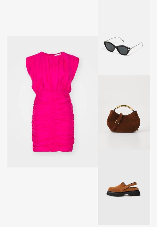 Fuksiaroosa kleit kogutud detailidega, lühikeste varrukatega ja ümmarguse kaelusega; omaduseks on voltidega tekstuur ja seljaosa avamine nupukinnitusega.; Pruunide nubukist slingback-plätud ümarate varvastega, reguleeritava rihmaga ja paksu musta kummist tallaga, millel on mustritooted.; Mustmust mustanäoga prillid hallide objektiividega, metallraamiga ja dekoratiivsete kristallidega ülemisel serval. Minimalistlik disain, sujuvate joontega.; Pruun nahast käekott, millel on kaarjas kuldtooniga käepide, reguleeritav rihm ja pehme tekstuur. Omab minimalistischut disaini ja nähtavaid riistu ei ole.