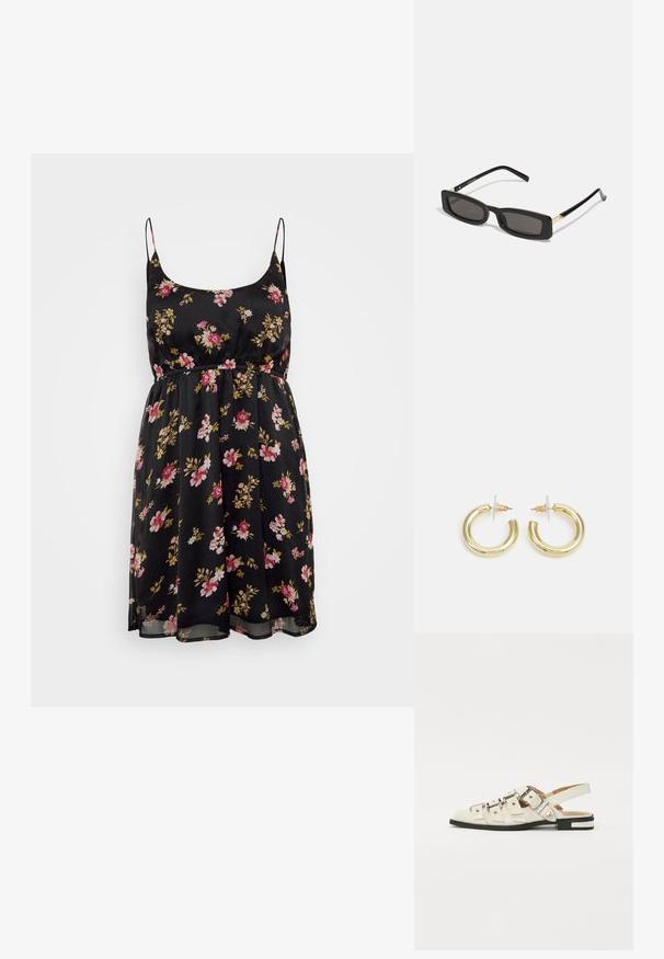 Juoda gėlėta suknelė su plonomis petnešėlėmis, įtempta liemeniu ir laisvai krentančia sijona. Savybė - rožinės ir geltonos gėlės ant permatomo audinio. Vasariškas dizainas.; Balno sandalai, pagaminti iš baltos odos, su keliais plačiais diržais ir sidabro spalvos sagtimis; plokščias padas su mažu juodu kulniuku ir metaliniais akcentais.; Juodos stačiakampės akinių nuo saulės su tamsiais lęšiais, blizgančiais plastikinių rėmų ir auksiniais akcentais ant šventyklų. Minimalistinis dizainas ir elegantiška forma.; Aukso auskarai su lygiu, blizgiu paviršiumi. Apvalus dizainas su maža užrakto dalimi ir skaidria atrama saugiam nešiojimui.