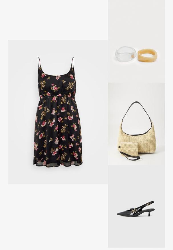 Rochie neagră cu flori, cu bretele subțiri, talie strânsă și fustă fluidă. Prezintă flori roz și galbene pe un material transparent. Design de vară.; Cizme slingback din piele lăcuită neagră, cu vârful ascuțit, două curele cu catarame aurii și un toc scurt de tip kitten heel. Textură netedă.; Geantă din paie țesută, cu o siluetă curbată, având o curea din piele neagră netedă și un plic mic asortat, atașat printr-un breloc pentru încheietură.; Inele din rășină clară și chihlimbar, unul neted și transparent, iar celălalt cu o finisare texturată, de chihlimbar. Ambele au un design rotund și suculent.