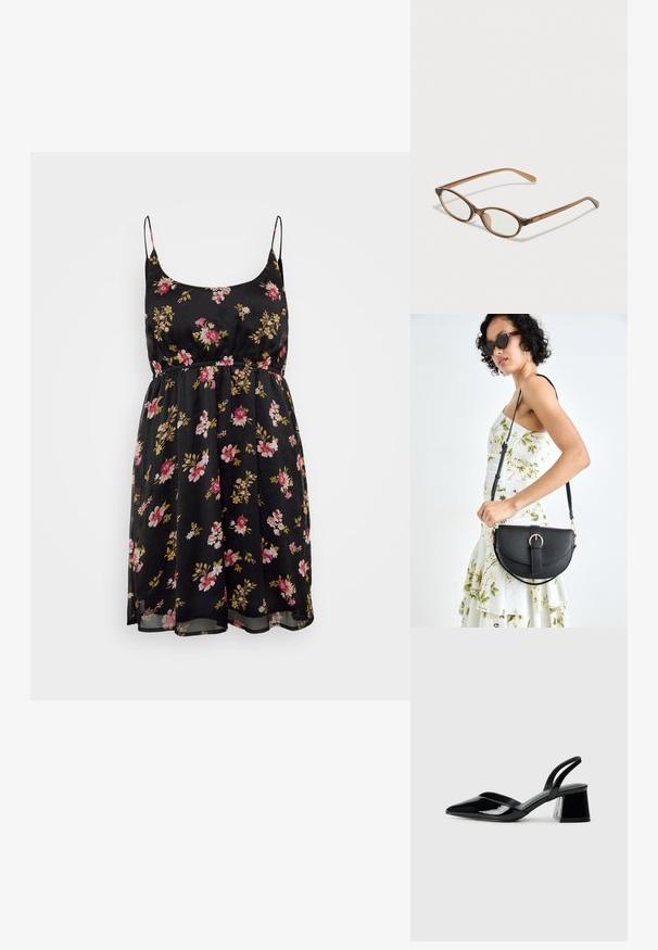 Vestido preto com estampado floral, alças finas, cintura ajustada e saia fluida. Apresenta flores em rosa e amarelo sobre um tecido transparente. Design veranil.; Sandy em verniz preto com salto slingback, ponta afilada e salto geométrico. Apresenta um design elegante e minimalista com textura suave.; Óculos tortoiseshell castanhos com lentes ovais, hastes finas e acabamentos transparentes. Apresenta um logótipo subtil na têmpora. Design elegante e leve.; Bolsa de couro preta com forma curva, alça destacável e detalhes em dourado. A bolsa possui uma aba com detalhe de fivela.