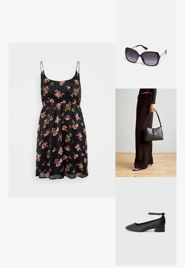 Black floral dress with thin straps, cinched waist, and flowing skirt. Features pink and yellow flowers on a sheer fabric. Summery design.; Black leather pump with a pointed toe and a low block heel. Features an ankle strap with a gold-tone buckle. Smooth texture.; Black oversized sunglasses with gradient lenses, thick frames, and gold-tone chain detailing on the temple arms.; Black handbag with structured shape, smooth texture, and a metallic clasp. Paired with wide black pants and open-toe sandals on wooden floor.