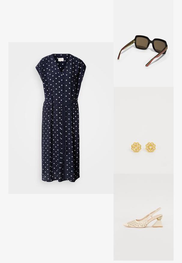 Marineblå kjole med hvite prikkemerker, V-hals, korte ermer, knapp foran, og en knyttet midje for justerbar passform. Flytende, lett materiale.; Beige slingback sko med perforert overdel, spiss tå og en kontrasterende trekantet hæl med gullakksent. Generelt glatt tekstur.; Svart oversized solbriller med brune linser. Utstyrt med unike stripete armer i grønt og rødt, samt gylne detaljer. Firkantet form.; Gullfargede studøredobber med blomsterdesign, med klare innfelte steiner. Overflaten er glatt, med en polert finish og runde kanter.