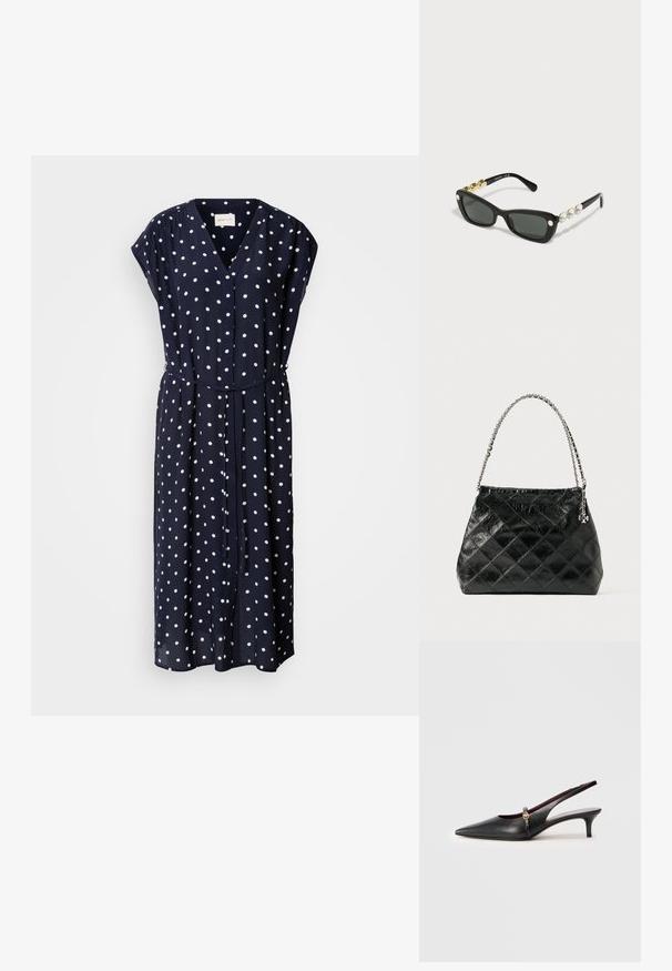 Tamsiai mėlyna suknelė su baltais taškeliais, V formos iškirpė, trumpomis rankovėmis, sagomis priekyje ir su rišama juosmens dalimi, leidžiančia reguliuoti dydį. Sklandi, lengva medžiaga.; Juodas odinis slingback stiletas su smailiu pirštu, plonu kulnu ir auksine detale šalia kulkšnies dirželio. Lygus paviršius ir paprastas dizainas.; Swarovski Akiniai nuo saulės - black; Juoda pūsta odinė rankinė su sidabrine grandinėlės rankena, pasižyminti struktūruotu dizainu ir lygiu paviršiumi.