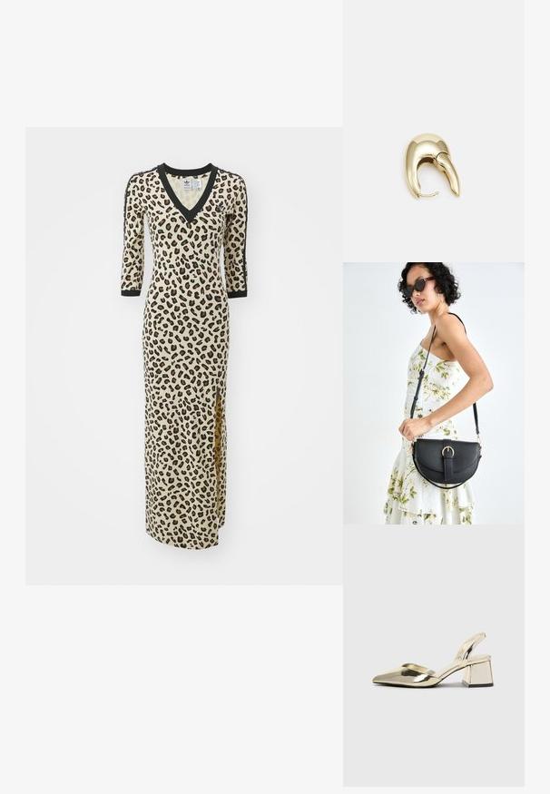 Maxiklänning med leopardmönster, V-ringning, trekvartslånga ärmar och svarta detaljer. Har en sidoklyfta för rörelse och visuell intresse.; Guld, metalliska slingback-klackar med spetsig tå och chunky klack. Slät textur, minimalistisk design och en smal rem.; Svart läderhandväska med en böjd form, avtagbar rem och guldiga detaljer. Väskan har ett lock med en spänndetalj.; Örhänge i guldtonad metall med en elegant, böjd design. Har en distinkt spetsig form, polerad yta och gångjärnslås.