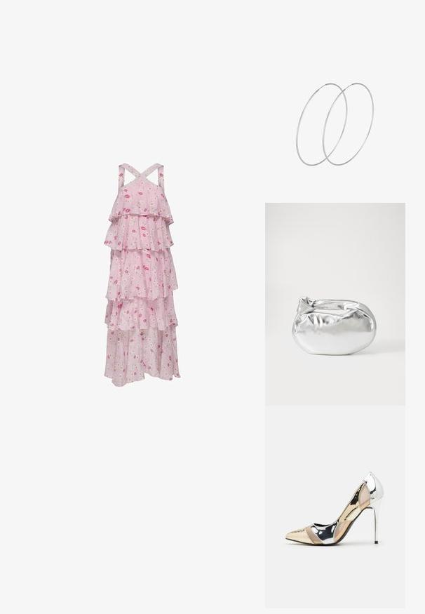 Pink, floral-patterned maxi dress with layered ruffles, adjustable crisscross straps, and lightweight fabric for comfort.; Pointed-toe high heel shoe with a silver, gold, and nude color scheme. Glossy finish with cutout design, featuring a stiletto heel.; Silver metallic pouch bag with a soft, rounded shape and a knotted top closure. Made from smooth faux leather material.; Silver hoop earrings with a minimalist design. Circular shape, smooth texture, and thin profile. Lightweight with a polished finish.