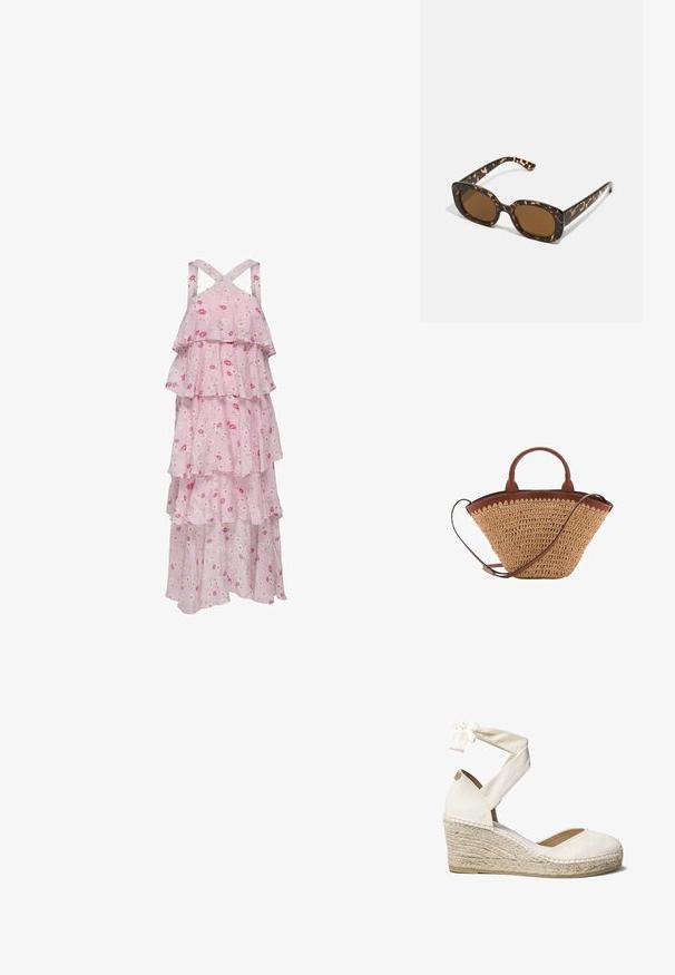 Roze maxi-jurk met bloemmotief, voorzien van gelaagde ruches, verstelbare kruiselings gespen en lichtgewicht stof voor comfort.; Witte canvas wedge schoen met enkelbandje, jute-wrapped hak, ronde neus en een gebreide stoffen bovenkant. De wedge heeft een hoogte van ongeveer 7 cm.; Tortoiseshell zonnebril met een ronde, stevige montuur en bruine lenzen. Heeft subtiele patronen en rechte, taps toelopende veren.; Geweven strohandtas in bruin met een bruine synthetische leren afwerking, met twee korte handvaten en een lange verstelbare schouderriem.