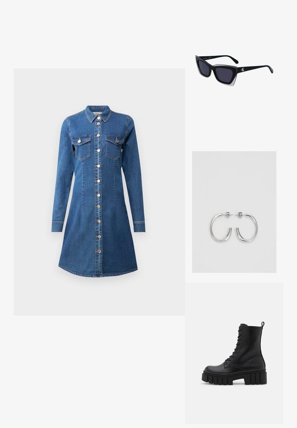 Kavbojskaja obleka s dolgimi rokavi, gumbi spredaj, koničastim ovratnikom, dvema žepoma na prsih in oprijetim telesom, ki se pri robu širši.; Črne usnjene gležnjarje z debelim, rebrastim podplatom, vezanjem na sprednji strani in zanka za vlečenje na gladki beli podlagi.; Črne prevelike sončne očala geometrijske oblike, z temnimi lečami in kontrastno sivo podrobnostjo na okvirju. Logo na ročaju.; Srebrne uhančke v obliki obroča z gladko, sijočo površino, ukrivljene oblike in zapiranjem na zatič. Minimalistična zasnova z modernim zaključkom.