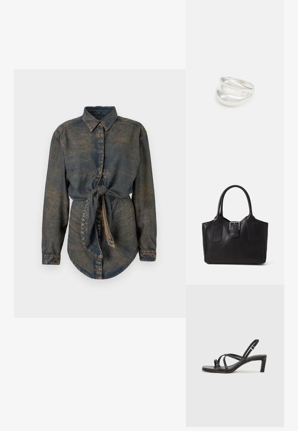 Tamsiai mėlynas džinsinis marškiniai su šiek tiek išblukusiu apdailos efektu. Su smailiu apykakle, mygtukų užsegimu ir susuktos detalės juosmens srityje.; Juodi šlepetės su kvadratiniu pirštu ir žemu bloku kulnu. Yra keli ploni dirželiai ir reguliuojamas kulkšnies diržas. Pagaminti iš lygios odos.; Juodas odinis nešiojamas krepšys su lygiu paviršiumi, struktūrine forma, dviem rankenėlėmis ir ryškiu sidabriniu sagties akcentu priekyje.; Sidabrinis dvigubas žiedas su lygiu, poliruotu paviršiumi. Pasižymi sklandžiu, kreiptu dizainu su persipinančiomis dalimis, suteikiančiomis modernų išvaizdą.