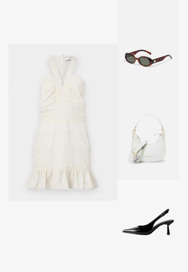 Crème, mouwloze jurk met een diepe V-hals en een geraffineerde lijf, met horizontale naden en een gerimpelde zoom. Rits aan de achterkant.; Zwarte gepatineerde leren slingback pump met een spitse neus, uitsparingen aan de zijkanten, een verstelbare enkelband en een dunne, slanke hak.; Schildpadbril met donkere lenzen, ovale vorm en brede armen. Voorzien van een kleine gouden accent aan de zijkant. Glad plastic materiaal.; Witte handtas met een gebogen silhouet, textuurleer, gouden hardware en een afneembare schouderriem met een logo en gespdetail.