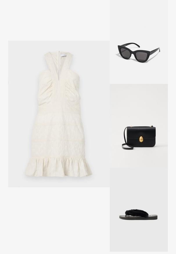 Kermakeltainen, hihaton mekko, jossa on syvä V-pääntie ja rypytetty yläosa. Mekossa on vaakasuoria saumoja ja röyhelöhelma. Vetoketju takana.; Mustat flip-flop-sandaalit, joissa on kaksi pehmeää, karvaista hihnaa, litteä kumipohja ja teksturoitu pohja pidon parantamiseksi. Yksinkertainen muotoilu yksi-värisessä värimaailmassa.; Mustat kissansilmäaurinkolasit, joissa on matta pinta, harmaansiniset linssit, terävät kulmat ja tyylikkäät sivuvarret. Brändin nimi näkyy sisävarsissa.; Musta nahkakäekott struktureeritud ristküliku kujuga. Varustatud kuldse ovaalse lukuga ja õhukese õlalindiga. Sile tekstuur.