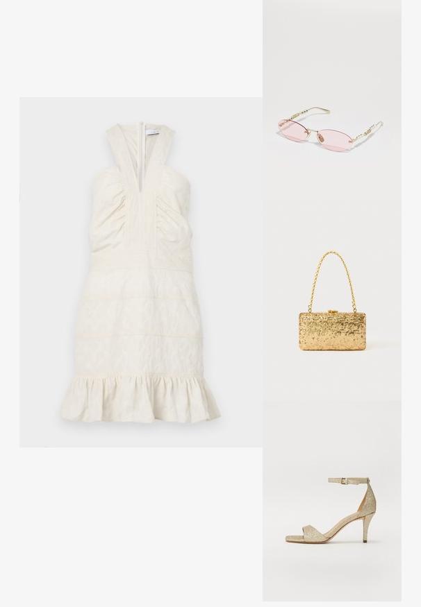 Krémové bezrukávové šaty s hlubokým V-výstřihem a nařaseným živůtkem, s vodorovnými švy a volánkovým lemem. Zip na zadní straně.; Zlaté třpytivé sandály na vysokém podpatku s páskem kolem kotníku, otevřenou špičkou a čtvercovým předním držadlem. Disponují úzkým, tvarovaným podpatkem pro zvýšení výšky.; Gucci Sluneční brýle - gold-coloured/pink; Zlatá flitrová kabelka ve tvaru obdélníku, s propleteným řetízkovým uchem a kovovým zapínáním, odrážející světlo s texturovaným povrchem.