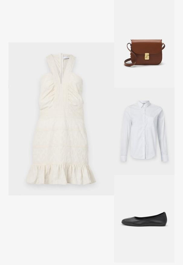 Rochie crem, fără mâneci, cu decolteu adânc în V și o bustieră plisată, prezentând cusături orizontale și o margine cu volane. Fermuar la spate.; Cămașă albă cu mânecă lungă din bumbac. Prezintă un guler cu nasturi, guler ascuțit și o buzunar pe piept pe partea stângă.; Balerini din piele neagră, cu vârf rotund, textură netedă, detalii de cusătură minimale și un design al tălpii flexibil.; Geantă de piele maro cu închidere tip capac, accesorii de culoare aurie, curea de umăr și o textură netedă. Formă compactă și rectangulară.
