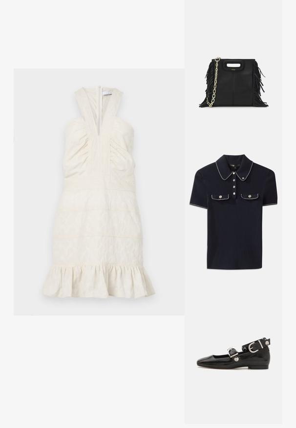 Tejfehér, ujjatlan ruha mély V-kivágással és összegyűrt mellszőttel, vízszintes varrással és fodros szegéllyel. Cipzár a hátoldalon.; Sötétkék bordázott póló, hegyes gallérral, rövid ujjakkal és két elülső zsebbel, amelyek patentgombokkal záródnak; fehér varrási díszítésekkel kiemelve.; Fekete lakkbőr lapos cipő négyzet alakú orral, ezüst hardware-rel ellátott bokapánttal és lapos talppal. Simaságával és minimalista dizájnjával kiemelkedő.; Fekete bőr kézitáska, frufrus részletekkel, arany láncos vállpánttal és kivágott fogantyúval. Az elülső részen logó található.