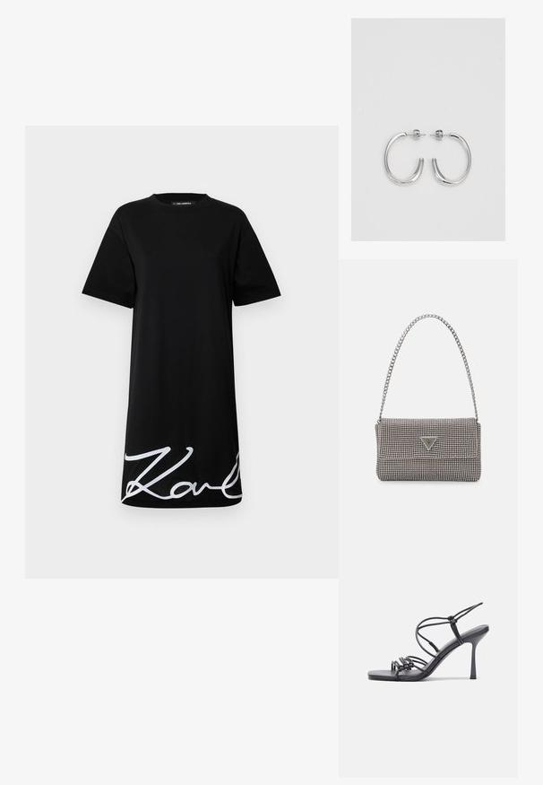 Black t-shirt dress in cotton, featuring short sleeves, a loose fit, and a large white signature print at the hem.; Black high-heeled sandals feature thin straps with a knotted design, a smooth square toe, and a sleek stiletto heel.; Light gray metallic handbag featuring a chain strap, embellished with small circular metallic studs and a triangular brand logo.; Silver hoop earrings with a smooth, shiny finish. Rounded shape, lightweight design, featuring a post-back closure.
