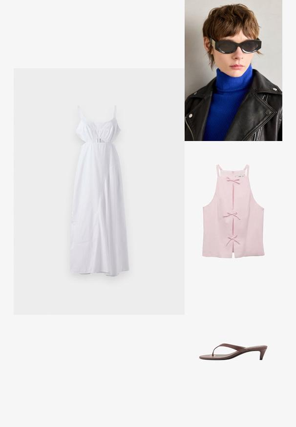 Bijela maksi haljina s tankim naramenicama, nabranim poprsjem, izrezom u struku, lepršavom tkaninom i glatkom teksturom.; Svijetlo roza bezrukavni top s ravnim krojem, s prednjim prorezima osiguranim mašnicama i zatvorenjem na zip straga. Glatka tekstura tkanine.; Smeđe natikače na petu s tankim remenom i zaobljenim vrhom, sa malim zlatnim akcentom na ulošku.; Crne sunčane naočale s zaobljenim rubovima i zrcalnim lećama. Imaju zlatne akcentne detalje na okvirićima. Nosive su uz plavi rebrasti rolak i kožnu jaknu.