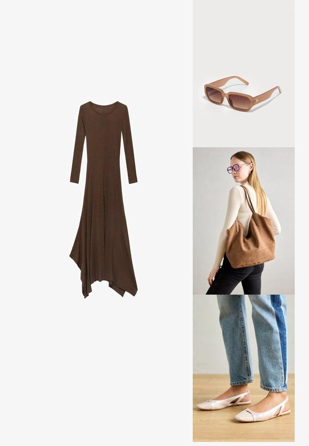 Bruine jurk met lange mouwen en een ronde halslijn, vloeiende zoom en een asymmetrische snit. Gemaakt van zachte, lichte stof.; Zachtroze slingback ballerina's met een spitse neus, gemaakt van een glad leerachtig materiaal. Bevat uitsnijdingen aan de zijkanten en heeft een platte hak.; Bruine rechthoekige zonnebril met gradient lenzen, dikke monturen en een logo-detail aan de zijkant. Soepel plastic materiaal, minimalistisch ontwerp.; Bruine suède totebag met zachte textuur, grote opening en lange hengsels. Het heeft een eenvoudig ontwerp met zichtbare stiksels en geen hardware.