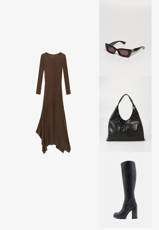 Brun langærmet kjole med en rund halsudskæring, svævende forneden og en asymmetrisk skæring. Fremstillet i blødt, let stof.; Sort knæhøj støvle, glat lædermateriale, kraftig hæl, rund tå, tekstureret sål med greb, slankt design uden udsmykninger.; Sorte skildpadde solbriller med rektangulære linser, brun tint, tyk ramme og guld dobbelt-G logo detalje på stangen.; Sort læder hobo taske med en glat, skinnende overflade, der har et bredt, buet håndtag og en diskret frontfold med en metallisk trykknaplukning.; Guldtonede hoop øreringe med en skildpadde-mønstret harpikskant, der har en glat finish og en elegant, rund form.