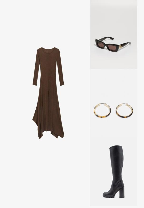 Hnědé šaty s dlouhým rukávem, kulatým výstřihem, volným lemem a asymetrickým střihem. Vyrobeno z měkké, lehké tkaniny.; Černé kozačky po kolena, hladká kožená materiál, robustní podpatek, zaoblená špička, texturovaná podrážka s gripem, elegantní design bez ozdob.; Černé želvovinové sluneční brýle s obdélníkovými skly, hnědým tónem, silným rámem a zlatým detailem dvojitého G loga na spánku.; Zlaté kruhové náušnice s venkovním okrajem vzoru želvoviny, které mají hladký povrch a elegantní, kulatý tvar.