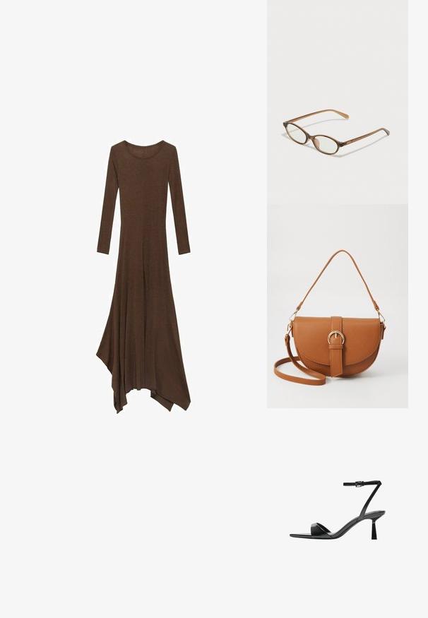 Braunes langärmliges Kleid mit Rundhalsausschnitt, fließendem Saum und asymmetrischem Schnitt. Hergestellt aus weichem, leichtem Stoff.; Bershka High Heel Sandalette - black; Braune Schildpatt-Brille mit ovalen Gläsern, dünnen Bügeln und transparenten Akzenten. Verfügt über ein dezentes Logo am Bügel. Elegantes, leichtes Design.; Braune Leder-Crossbody-Tasche mit geschwungener Form, goldfarbenen Beschlägen und einer Schnallenakzentuierung. Verfügt über einen abnehmbaren Schultergurt.