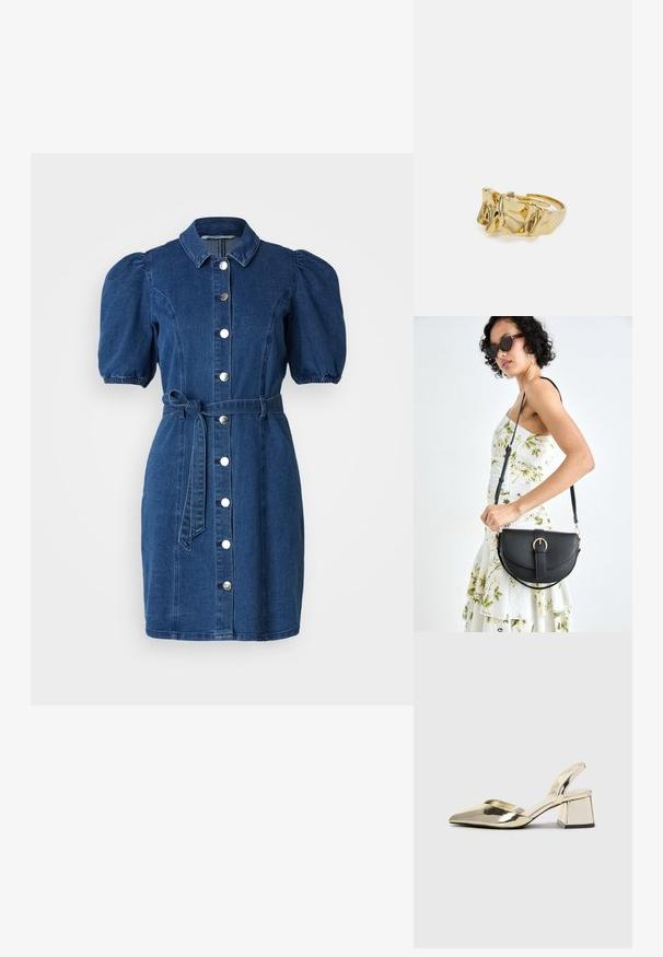 Denim haljina u tamnoplavoj boji s nabranim kratkim rukavima, ovratnikom, prednjim kopčanjem na gumbe i vezanim remenom u struku. Glatka tekstura.; Zlatni metalik slingback sandali s šiljatim vrhom i debelim potpeticama. Glatka tekstura, minimalistički dizajn i uski remen.; Crna kožna torba s lukovitim oblikom, odvojivim remenom i zlatnim detaljima. Torba ima preklop s kopčom.; Zlatni prsten s teksturiranim, valovitim dizajnom koji ima tri istaknuta vrha. Glatka, sjajna površina s otvorenom trakom za podešavanje veličine.