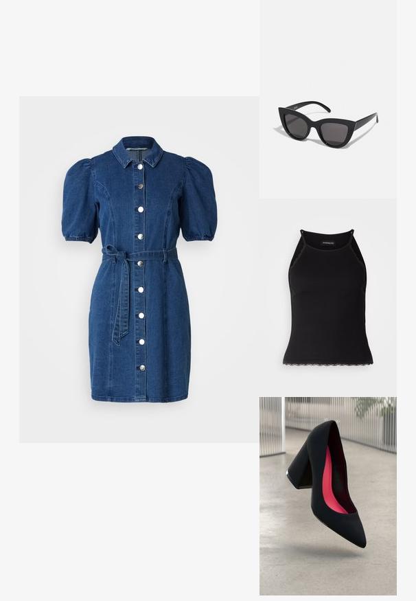 Denimkjole i mørkeblå med puffede korte ærmer, kragehals, knappelukking foran og knyttet midjebelte. Glatt tekstur.; Svart ribbet tanktopp med scallop lace detaljer i kanten. Har tynne stropper og en kroppsnær design. Laget av elastisk stoff.; Svart høye hæler med spiss tå, teksturert overflate og en livlig rosa innside. Har en kraftig hæl med sølvdetaljer.; Sorte katteau solbriller med mat finish, featuring grå tonede linser, skarpe vinkler og slanke sidearme. Merkenavn synlig på den indre armen.