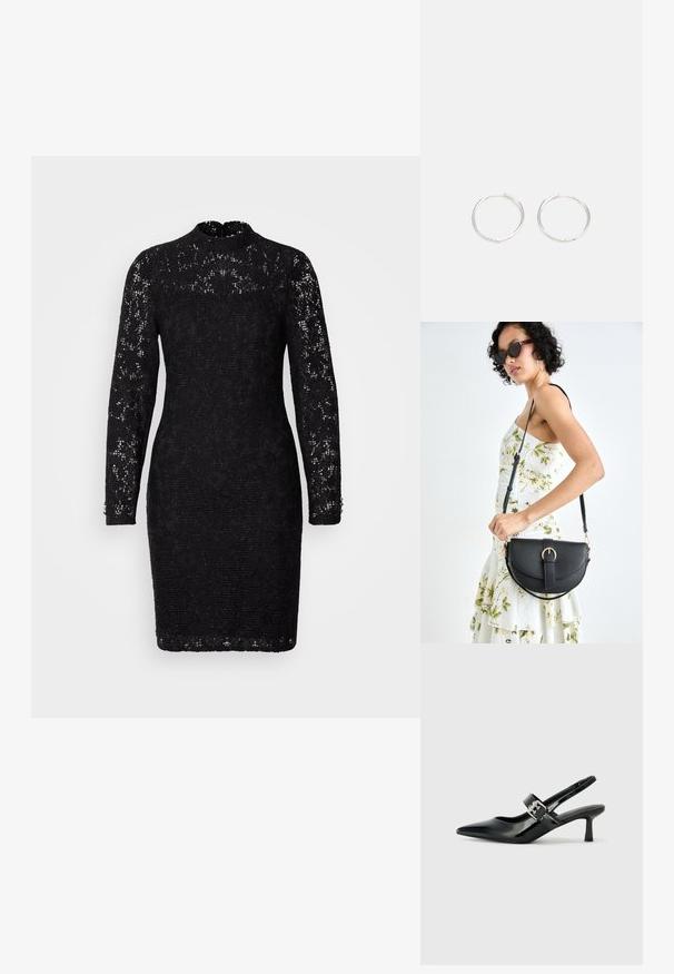 Must mustriga kleit kõrge kaelusega, pika varrukaga ja keha lähedase siluetiga. Omab keerukaid lillemustreid ja nupupitsendeid varrukaotsades.; Mustad patenteeritud nahast sildiga kontsad, millel on terav nina ja väike plokk-konts, mille rihmal on hõbedane pandla aksessuaar.; Mustmust mustraha kõverate joontega, eemaldatava rihmaga ja kuldsete detailidega. Kotil on klapp, millel on pandladetail.; Hõbedased rõngaskõrvarõngad, millel on sujuv ja ümar disain, millel on sile pind ja nähtavad kaunistused puuduvad. Diameeter ei ole täpsustatud.