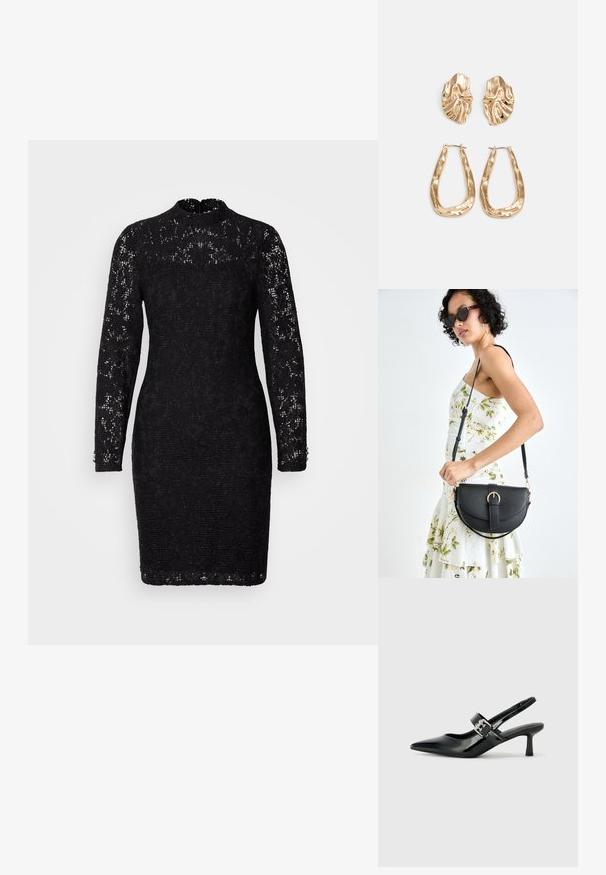 Rochie neagră din dantelă, cu guler înalt, mâneci lungi și o siluetă ajustată. Prezintă modele florale intricate și accente cu nasturi la manșete.; Sandale cu toc din piele patent neagră, cu vârful ascuțit și un toc mic bloc, având un accent cu cataramă argintie pe curea.; Geantă din piele neagră, cu o formă curbată, curea detașabilă și accesorii aurii. Geanta are un capac cu un detaliu tip cataramă.; Cercei aurii cu forme texturate și ondulate. Include studs sculpturale cu clip și un design de cerc deschis cu un finisaj cioplit.