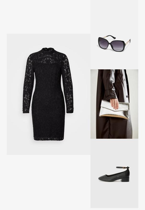 Musta pitsimekko korkealla pääntiellä, pitkillä hihoilla ja kiinteällä siluetilla. Sisältää monimutkaisia kukkakuosisia ja nappiyksityiskohtia hihansuissa.; Mustat nahkakengät, joissa on terävä kärki ja matala lohkare korko. Varustettu nilkkahihnalla, jossa on kultasävyinen solki. Lisää sileä pinta.; Mustat ylisuurten kehysten aurinkolasit, joissa on liukuväri-linssit, paksut kehykset ja kultasävyiset ketjustuskoristeet temppeleissä.; Hopeinen metallinen clutch-angular kirjekuorimuotoilu, sileä pinta ja kontrastivärinen sisustus, pidetään kädessä, jossa on musta takki.