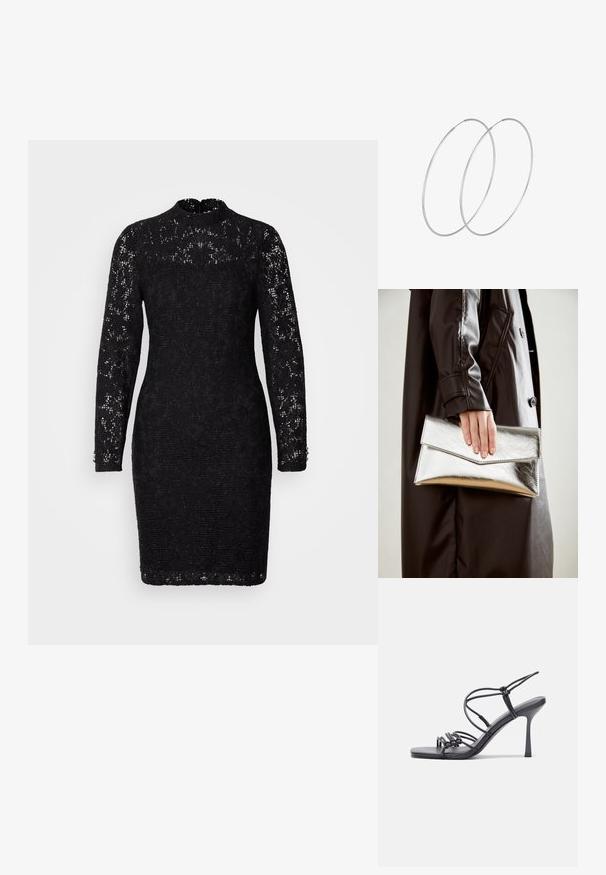 Abito in pizzo nero con scollatura alta, maniche lunghe e silhouette aderente. Presenta motivi floreali intricati e dettagli con bottoni ai polsi.; Sandali neri con tacco alto presentano sottili cinturini con design annodato, una punta quadrata liscia e un elegante tacco a spillo.; Clutch metallico argento con un design a busta angolare, texture liscia e colore interno a contrasto, tenuto in mano da una persona che indossa un cappotto nero.; Orecchini a cerchio in argento con un design minimalista. Forma circolare, superficie liscia e profilo sottile. Leggeri con una finitura lucida.