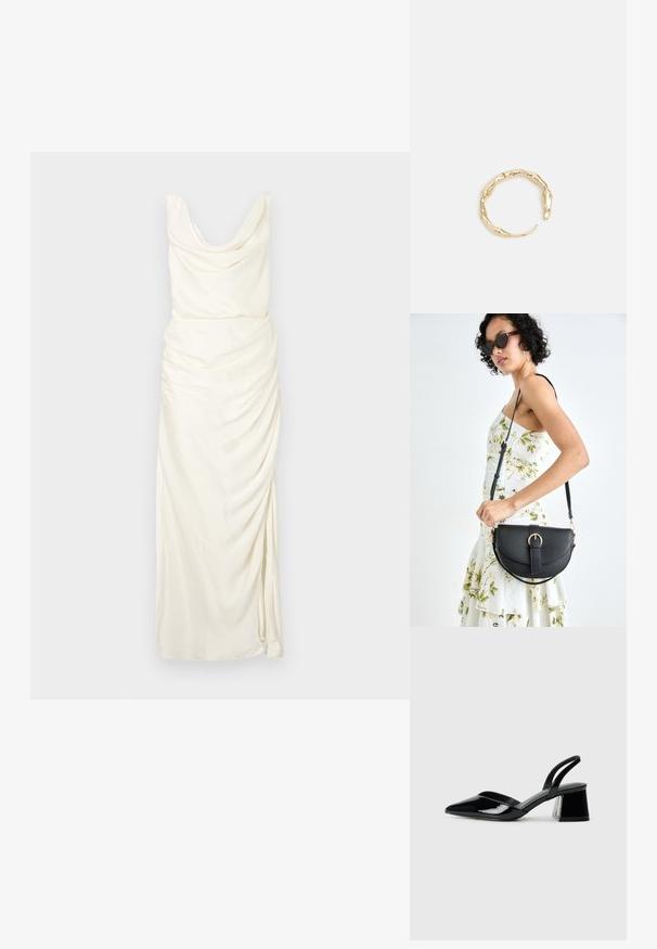 Bēša krāsa kleita ar kapuces auklu, ar drapētiem akcentiem, piegulošu siluetu un augstu šķēlumu vienā pusē.; Melna lakota āda ar atvērto papēdi, ar smailu purngalu un ģeometrisku blokpapēdi. Iezīmējas elegants, minimāls dizains un gluda tekstūra.; Melnas ādas rokassoma ar izliekta formu, noņemamu siksnu un zelta aksesuāriem. Somai ir vāciņš ar sprādzes detaļu.; Zelta toņa gredzens ar organisku, vērptu dizainu, gludu virsmu un sašaurinātiem galiem, radot mūsdienīgu, skulpturālu izskatu.