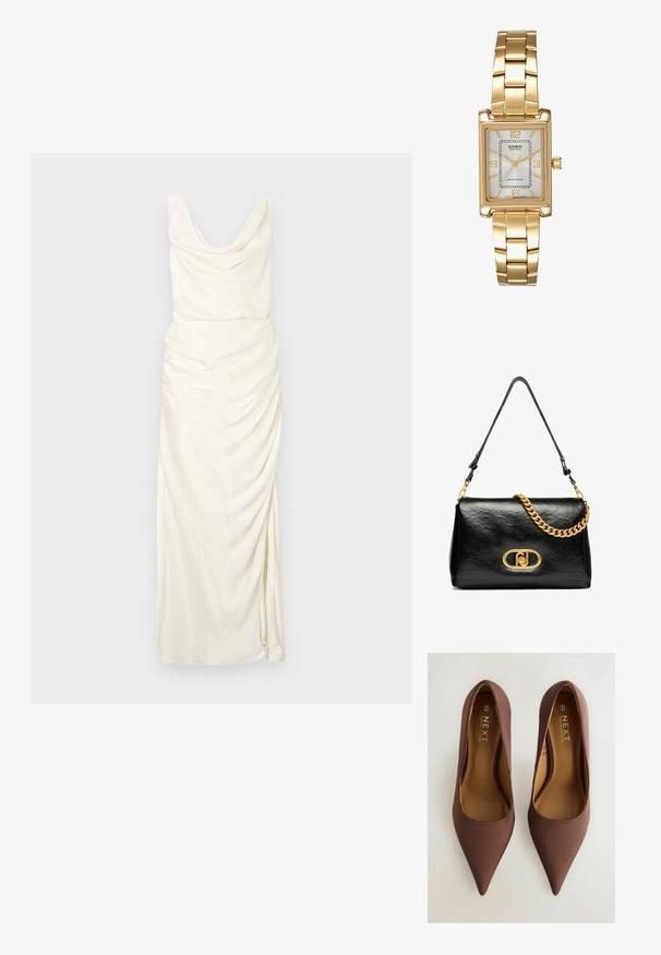 Oblačilo z ovratnikom v off-white blagu, s drapirnimi detajli, prilagojeno silhueto in razporkom do stegna na eni strani.; Rjave svilene čevlje s pointed-toe, gladke teksture, z nizkim vampom in diskretnim logotipom na notranji strani. Velikost 6½ (40).; Črna usnjena torbica za ramo z gubano teksturo, zlatim verižnim dodatkom in izrazitim zlatim sponko z ovalnim logotipom. Prilagodljiv trak za ramo.; Zlato obarvana pravokotna ročna ura z belo številčnico, srebrnimi kazalci in trdno kovinsko zapestnico. Vključena je vodoodporna funkcija.