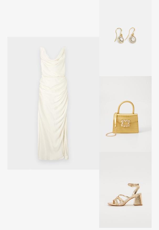 Oblačilo z ovratnikom v off-white blagu, s drapirnimi detajli, prilagojeno silhueto in razporkom do stegna na eni strani.; Zlate kovinske sandale s peto, ki imajo zapleteno zasnovo, kvadratno blok peto in nastavljiv gležnjski trak z zaponko. Gladka tekstura.; Rumeno usnjeno-usnje z vzorcem krokodila, s strukturiranim dizajnom, zgornjo ročajem, snemljivo verižico in dekorativnim kristalnim okrasjem na zaponki.; Zlato obarvani uhani z ovalnimi prozornimi kristali, ki jih obdajajo manjši prozorni kamenčki, s sistemom za oblačenje za varno nošenje.