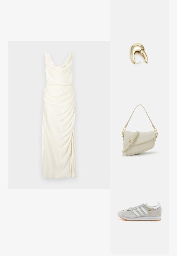 Abito con collo a cappuccio in tessuto bianco sporco, caratterizzato da dettagli drappeggiati, una silhouette aderente e uno spacco alta coscia su un lato.; Sneaker grigio chiaro realizzato in suede e rete, con tre strisce bianche, punta arrotondata e suola in gomma color caramello. Accento del logo dorato vicino ai lacci.; Piccola borsa a tracolla crema con finitura testurizzata, una lunga tracolla regolabile, un accento a catena e chiusura a patta. Dettagli in hardware dorato.; Orecchino in metallo color oro con un design elegante e curvo. Presenta una forma appuntita distintiva, superficie lucida e chiusura a cerniera.