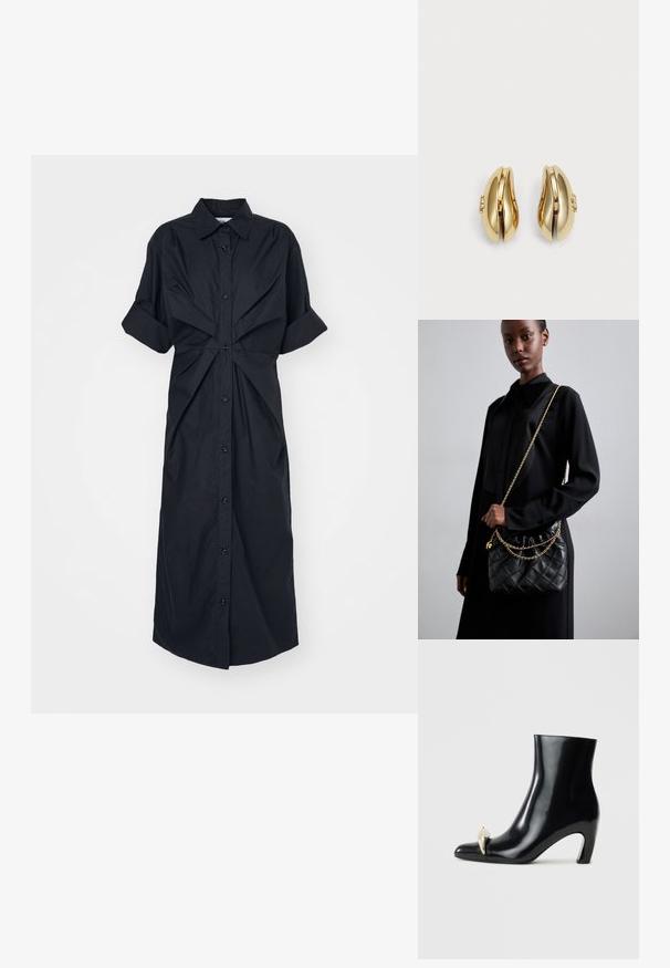 Schwarzes Hemdkleid mit kurzen umgeschlagenen Ärmeln, Knopfverschluss vorne und verdrehter Stoffdetails an der Taille, aus leichtem Material gefertigt.; Schwarzer Knöchelschuh aus glänzendem Leder, mit einer spitzen Zehenform und einem dekorativen gold- und silberfarbenen Akzent an der Vorderseite. Blockabsatz-Design.; Schwarze gesteppte Ledertasche mit einem gerafften oberen Teil, goldfarbener Kettenriemen und rechteckiger Form, vor einem schlichten Hintergrund gehalten.; Goldfarbene Ohrringe mit fließendem, geschwungenem Design. Jeder Ohrring hat eine glatte Oberfläche und einen kleinen Verschluss mit einem dekorativen Detail.