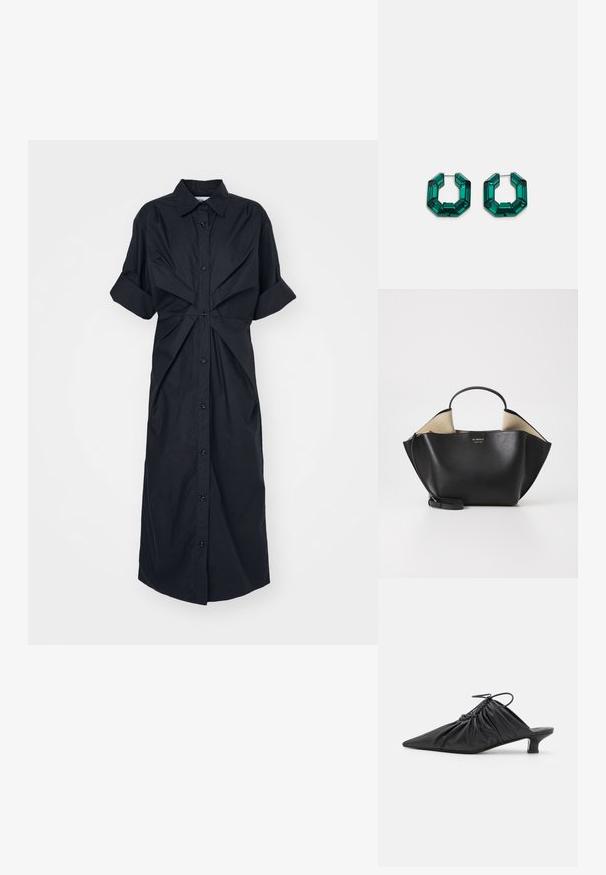 Vestido negro de camisa con mangas cortas enrolladas, cierre de botones en la parte delantera y detalle de tela torcida en la cintura, fabricado en tejido ligero.; Mules negros de cuero sin hebillas con punta afilada, textura recogida y un pequeño tacón de gato. Presentan un detalle de cordón en la abertura.; Ree Projects ANN TOTE MINI - Bolso de mano - black; Pendientes de aro de acrílico verde en forma octagonal con bordes facetados, que cuentan con un cierre metálico para asegurar.