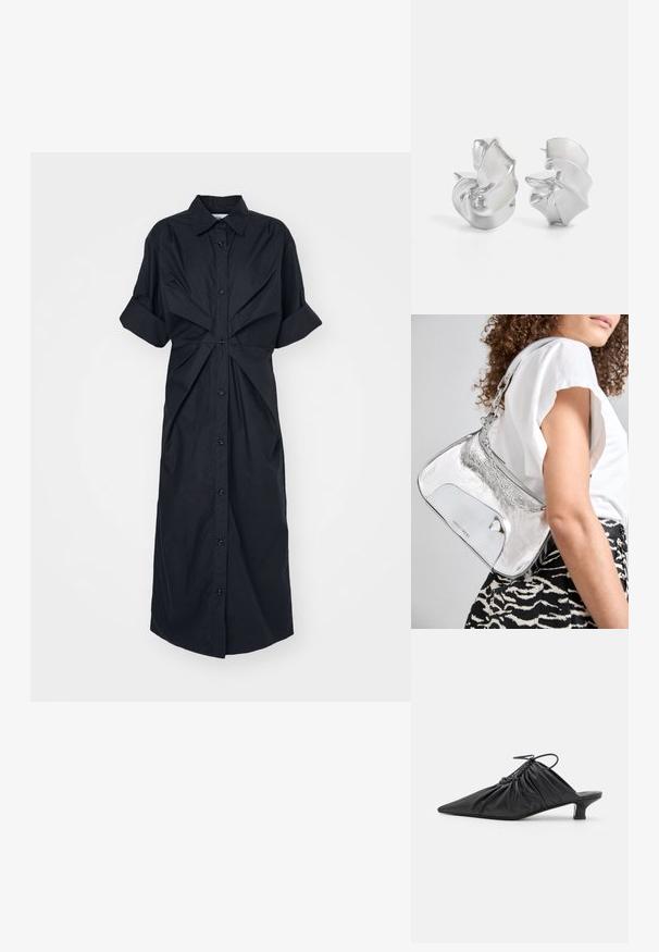 Čierne šaty s krátkymi rolovanými rukávmi, predným zapínaním na gombíky a skrúteným detailom na páse, vyrobené z ľahkého materiálu.; Čierne kožené slip-on mule s špicatou špičkou, zberanou textúrou a malým podpätkom. Obsahuje šnúrovací detail na otvorení.; Strieborná metalická kabelka na rameno s hladkou textúrou, zakriveným dizajnom, retiazkou na nosenie a lesklým predným panelom s jemnou gravírovanou logom.; Strieborné náušnice s plynulým, špirálovým dizajnom. Hladký povrch s lešteným finišom. Majú jemný lesk a žiadne viditeľné ozdoby.