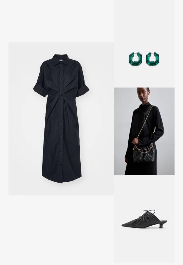 Svart skjortklänning med korta uppvikta ärmar, knappstängning fram och vriden tygdetalj vid midjan, tillverkad av lättviktsmaterial.; Svarta läder slip-on mules med spetsig tå, sammanknipen textur och en liten kitten heel. Har en dragsnörningsdetalj vid öppningen.; Svart vadderad läderhandväska med en samlad topp, guldkedjeslinga och rektangulär form, hålls mot en enkel bakgrund.; Gröna akrylörringar i en oktagonal form med facetterade kanter, med en metallspänne för säker förslutning.