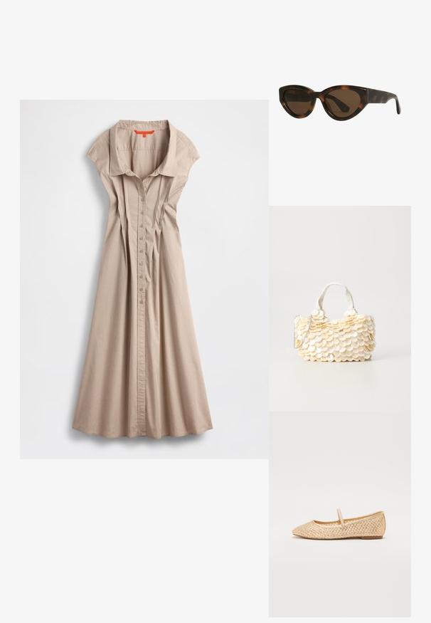 Robe beige à boutons avec col, manches courtes et devant plissé. Fabriquée en tissu léger, avec une jupe fluide et des fentes latérales.; Ballerines tissées en or avec un nez pointu, une semelle plate et une sangle sur le coup de pied. Présente des motifs texturés sur le matériau supérieur.; Lunettes de soleil en forme d'œil de chat en écaille de tortue avec des verres marron, dotées de montures en plastique lisses et brillantes et d'un design élégant. Pas de logos ou d'accent visible.; Sac à main blanc avec des embellissements texturés en forme de coquillage à bords festonnés. Doté d'une anse tissée et d'une bandoulière en chaîne argentée pour plus de polyvalence.