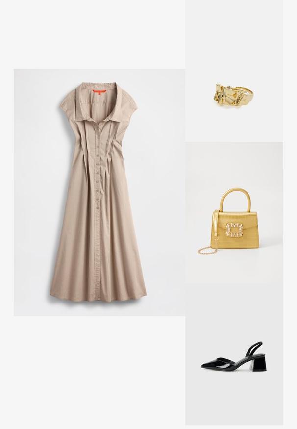 Beige klänning med knappar framtill, krage, korta ärmar och veckad fram. Gjord av lätt tyg, med en flödande kjol och sidorevor.; Svarta lackläder slingback klackar med spetsig tå och geometrisk klack. Har en elegant, minimalistisk design och slät yta.; Gul faux-krokodilhandväska med en strukturerad design, topphandtag, avtagbar kedjesladd och dekorativa kristalldekorationer på klämman.; Guldring med texturerad, vågig design som har tre framträdande toppar. Slät, glänsande yta med en öppen band för justerbar passform.