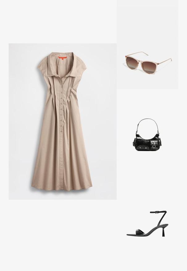 Béžové košeľové šaty s golierom, krátkymi rukávmi a plisovaným predným dielom. Vyrobené z ľahkej látky, s plynulou sukňou a bočnými rozparkami.; Bershka Sandále na vysokom opätku - black; Hnedé slnečné okuliare s prechodovým efektom a priehľadným ružovým rámom, štvorcového tvaru a tenkými kovovými ramenami. Obsahujú zaoblené okraje a minimálne detaily.; Čierna laková kožená kabelka s ohnutým tvarom, jedným ramenným popruhom, prednými vreckami a striebornými kovovými doplnkami.