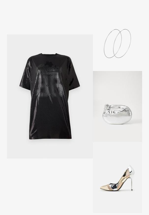 Čierne sieťové tričko s voľným strihom, okrúhlym výstrihom a grafikou "Glorious 36" v lesklom čiernom potlači na prednej strane.; Lodičky s špičatou špičkou v striebornom, zlatom a telovom farebnom prevedení. Lesklý povrch s výrezovým dizajnom, s ihlovým opätkom.; Strieborná metalická taška s mäkkým, zaobleným tvarom a uzáverom s uzlíkom. Vyrobená z hladkej syntetickej kože.; Strieborné kruhové náušnice s minimalistickým dizajnom. Cirkulárny tvar, hladký povrch a tenký profil. Ľahké s lesklým povrchom.