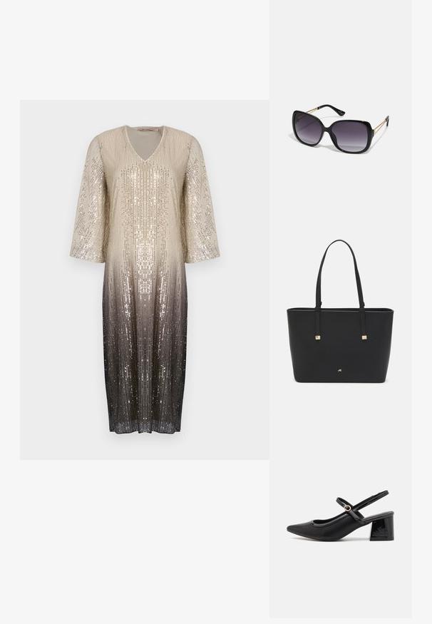 Λαμπερό φόρεμα με V-λαιμόκοψη και μισά μανίκια, διαθέτει ομπρέ γραδαρίσμα από χρυσά σε μαύρα παγιέτες, δημιουργώντας μια υφασμάτινη επιφάνεια.; Μαύρα παπούτσια γοβάκια από πατενταρισμένο δέρμα με γωνιαστό μπροστινό μέρος, στρογγυλή κοπή και τετράγωνο τακούνι. Διαθέτουν μια χρυσή αγκράφα ως διακοσμητικό στοιχείο.; Μαύρα υπερμεγέθη γυαλιά ηλίου με κλειστή βαθμίδα φακού, παχιά σκελέτη και λεπτομέρειες από χρυσή αλυσίδα στις βραχίονες του σκελετού.; Μαύρη τσάντα ώμου από συνθετικό υλικό, με απλό ορθογώνιο σχέδιο, χρυσές τετράγωνες λεπτομέρειες και διπλές λαβές.