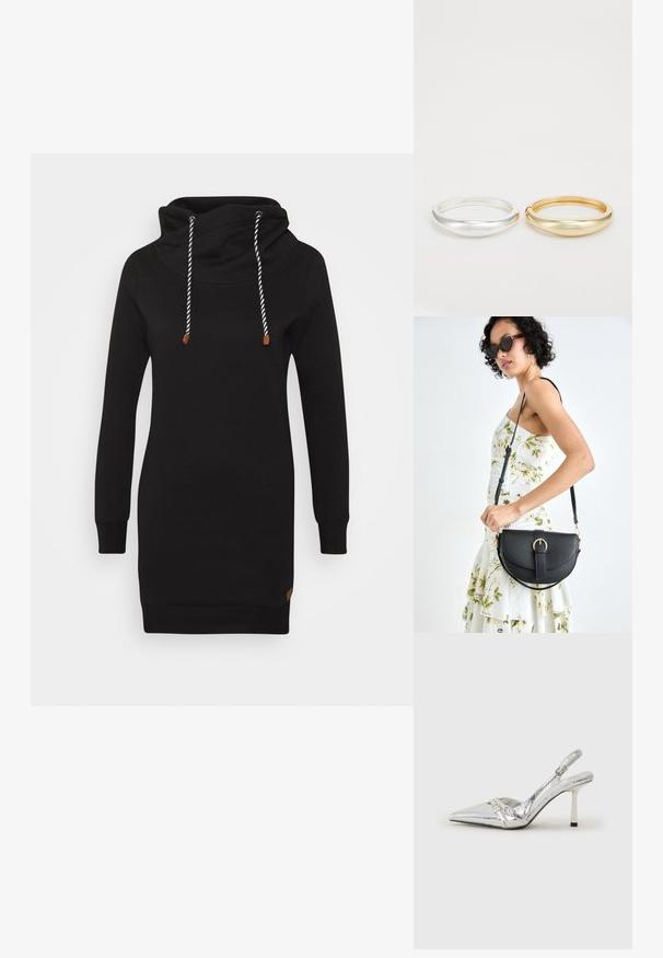 ONLY ONLBETTE - Day dress - black; Silver slingback high heel shoe with a pointed toe, metallic finish, two decorative straps, and a slender heel with a black tip.; Black leather handbag with a curved shape, detachable strap, and gold hardware. The bag features a flap with a buckle detail.; Zign 2 PACK - Bracelet - gold-coloured/silver-coloured