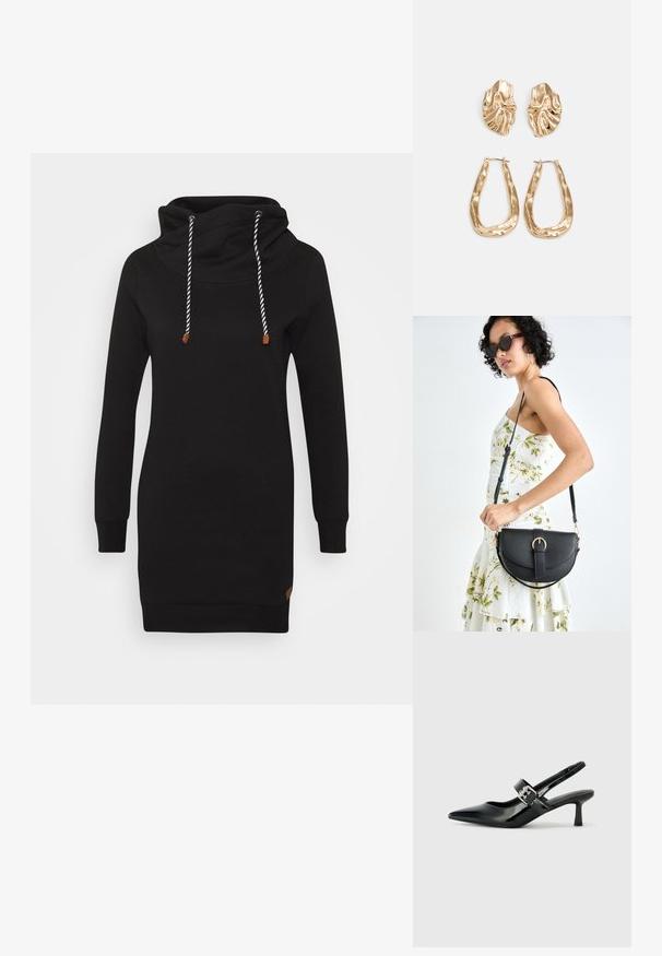 ONLY ONLBETTE - Vardagsklänning - black; Svarta patentläder slingback-klackar med spetsig tå och en liten blockklack, med en silvrig spänneaccent på remmen.; Svart läderhandväska med en böjd form, avtagbar rem och guldiga detaljer. Väskan har ett lock med en spänndetalj.; Örhängen i guldton med texturerade, vågiga former. Inkluderar skulpturala clip-on-stift och öppen hoop-design med hamrad finish.