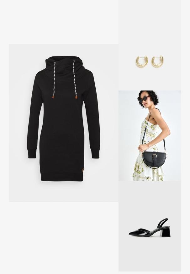ONLY ONLBETTE - Dnevna haljina - black; Crne lakirane kožne sandale s otvorenom petom i špicastim vrhom, s geometrijskom blok petom. Imaju elegantan, minimalistički dizajn i glatku teksturu.; Crna kožna torba s lukovitim oblikom, odvojivim remenom i zlatnim detaljima. Torba ima preklop s kopčom.; Zlatne okrugle naušnice s glatkom, sjajnom završnom obradom. Imaju polukružni oblik i sigurni sistem kopčanja na post.
